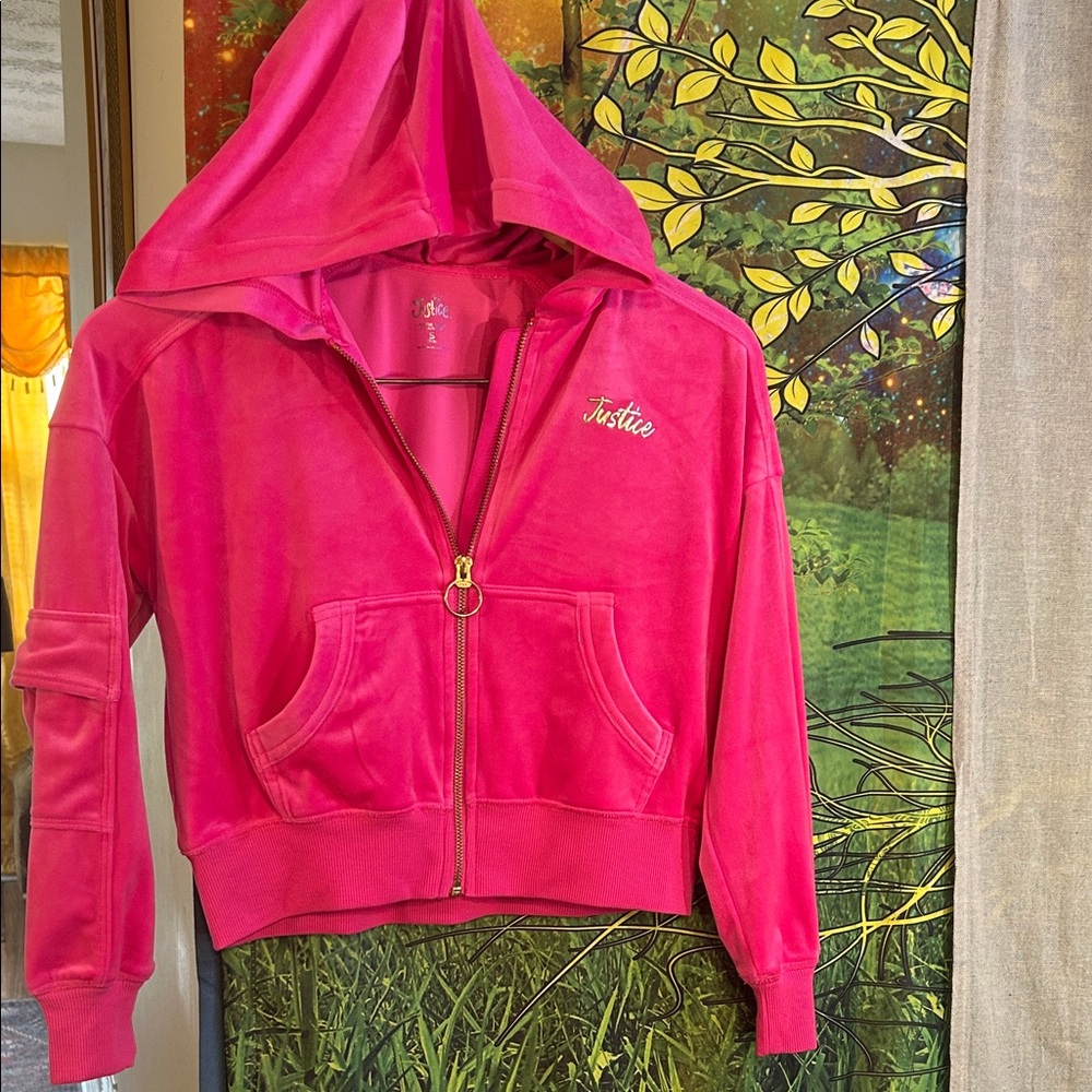 SALE✈️Justice Hot Pink Velour Zip Hoodie with Gold Ring Zipper